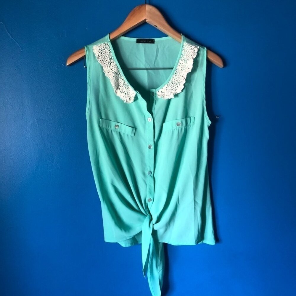 West Kei | Teal Sleeveless Blouse w/ Crochet Collar & Tie Front